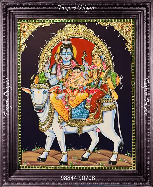 Pradhosha Shivan Tanjore painting Shiva on Nandi with Parvati Ganesha gold foil traditional artwork